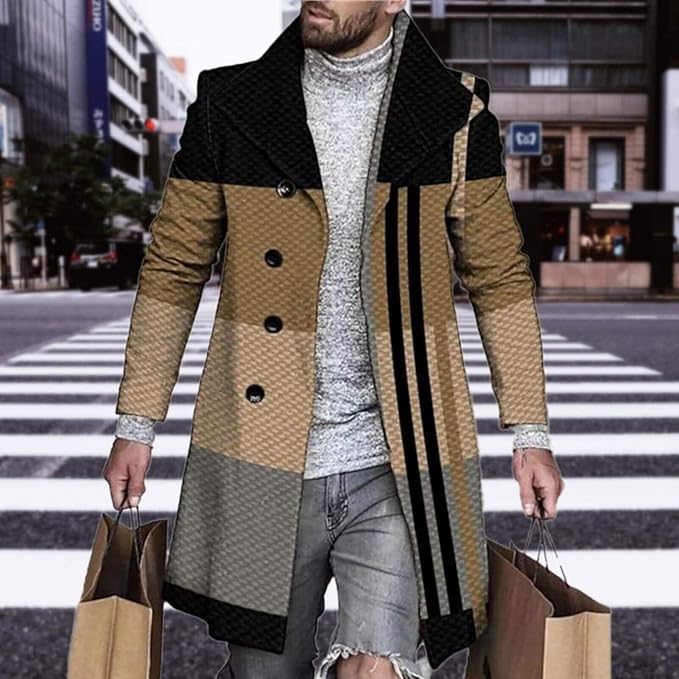 Men's Plaid Long Trench Coat Mid - Length Lapel Collar Button Down Warm Overcoat for Winter & Autumn Fashion
