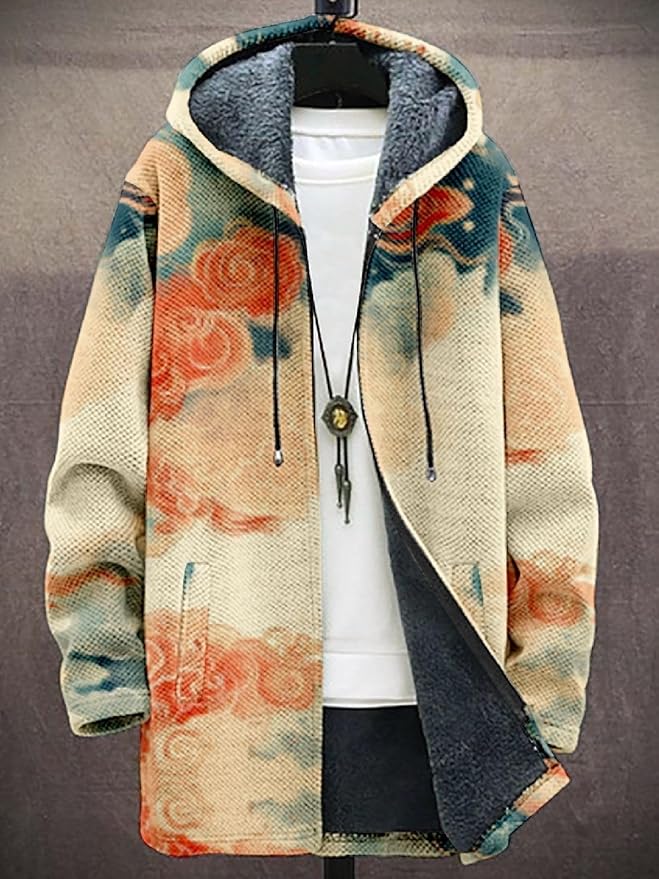 2025 Men's Ethnic Pattern Hooded Jacket Long Cardigan Hoodies Full Zip Vintage Knitted Zipper Coat with Pocket