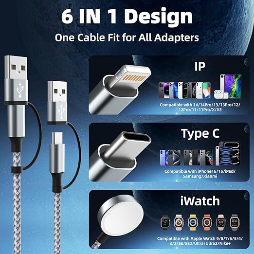 Travel Essentials 3 in 2 Charging Cable for Apple iWatch Charger, USB A/USB C Multi Charging Cable/Cord for All Devices Compatible for iWatch Ultra/SE/11-2, iPhone17 15 14, Android, More - 5FT