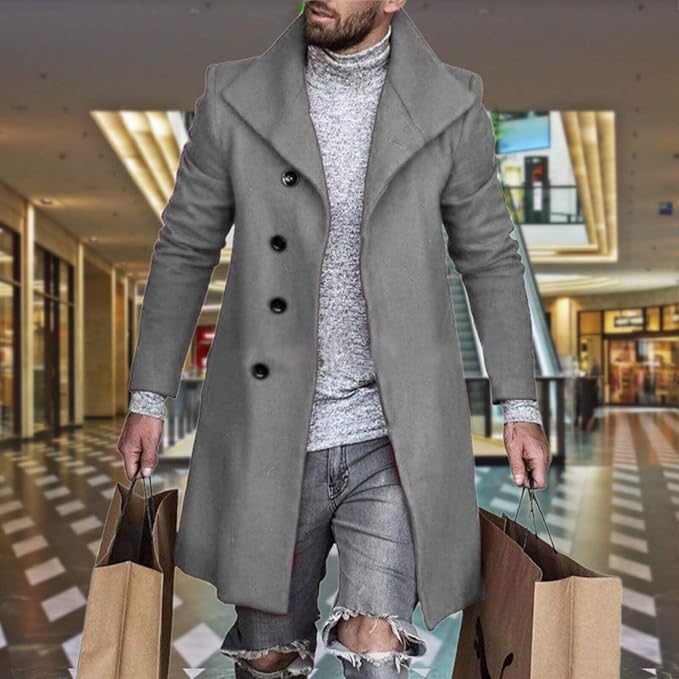 Men's Plaid Long Trench Coat Mid - Length Lapel Collar Button Down Warm Overcoat for Winter & Autumn Fashion