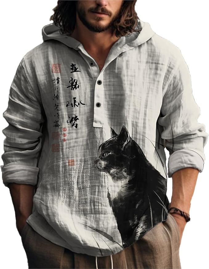 MARSVOVO Mens Japanese Art Long Sleeve Hooded Shirts Lightweight Quarter Button Hoodie Casual Cool Tops for Spring Fall