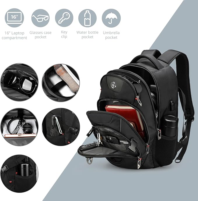 Swissdigital Design Laptop Backpack, Travel Backpack with USB Charging Port Fits 15.6 inches Computer, 31L College School Bookbag for Men, Black | SD803-01