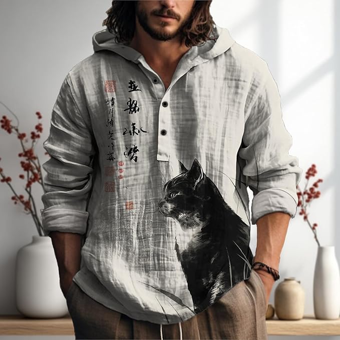 MARSVOVO Mens Japanese Art Long Sleeve Hooded Shirts Lightweight Quarter Button Hoodie Casual Cool Tops for Spring Fall