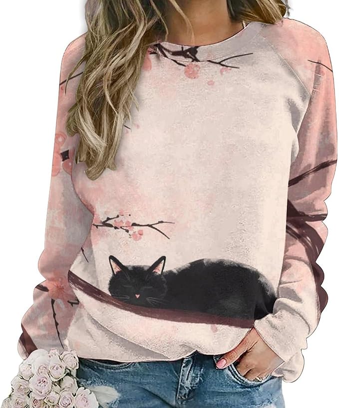 Long Sleeve Shirts for Women Cat Printed Fall Winter Dressy Holiday Casual Fashion Crewneck Tunic Tee Shirts