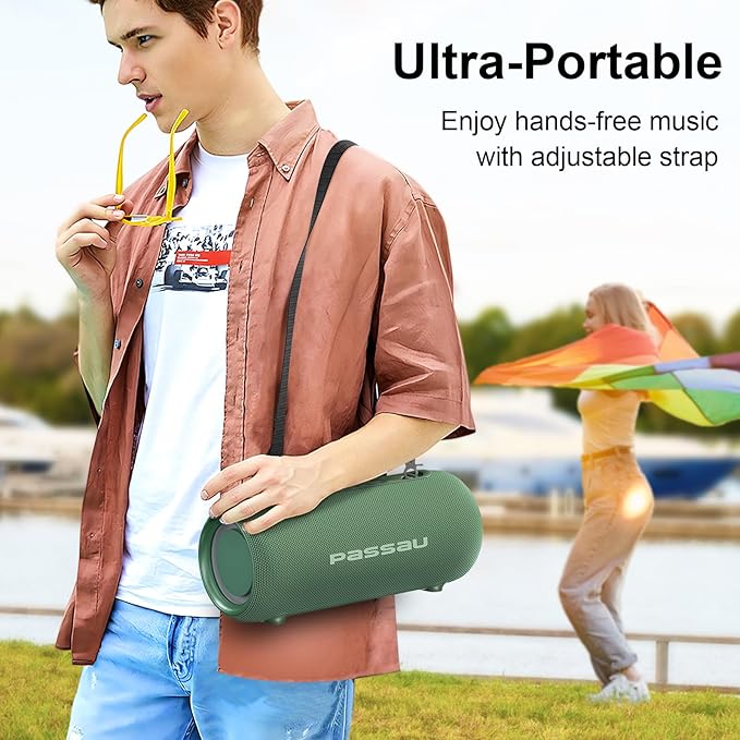 Passau Portable Bluetooth Speakers 40W Peak Loud Stereo Sound, Passive Radiators-Deep Bass, All Day Playtime, Adjustable Strap, BT5.3, IPX5 Wireless Speaker RGB Lights for Indoor Outdoor-Green