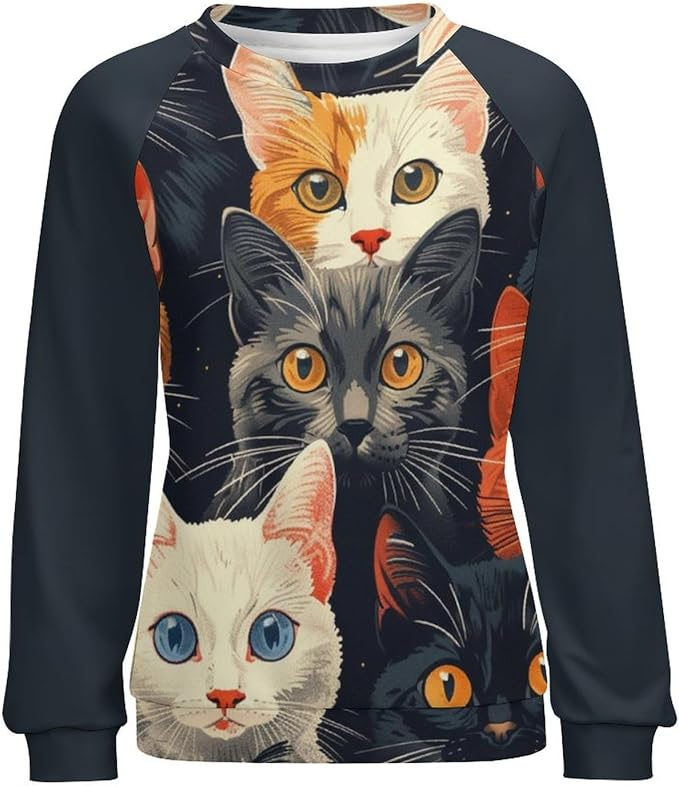 Long Sleeve Shirt Women Fall Cat Print Funny Hide Belly Vacation Plus Size Ladies Hippie Dressy Sweaters