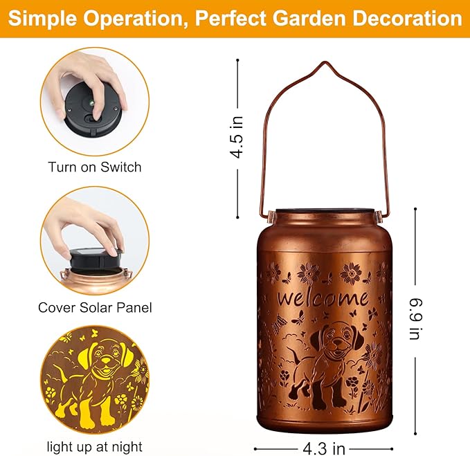 Solar Lantern Outdoor Hanging Waterproof Outside Metal Openwork Hummingbird Pattern Birthday Gifts for Women Mom Landscape Lights for Porch Garden Yard Patio Pathway Decor(Dogs)
