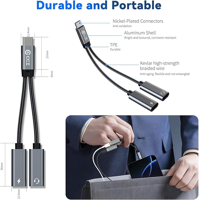 USB C Splitter,1 in 2 Out Dual USB C Type Headphone and Charger Audio Adapter, Type C Headphone Adapter and 60W PD Fast Charging Dongle Cable Compatible with Phone 16/15 Pro Max,USB-USB, 1Pack)