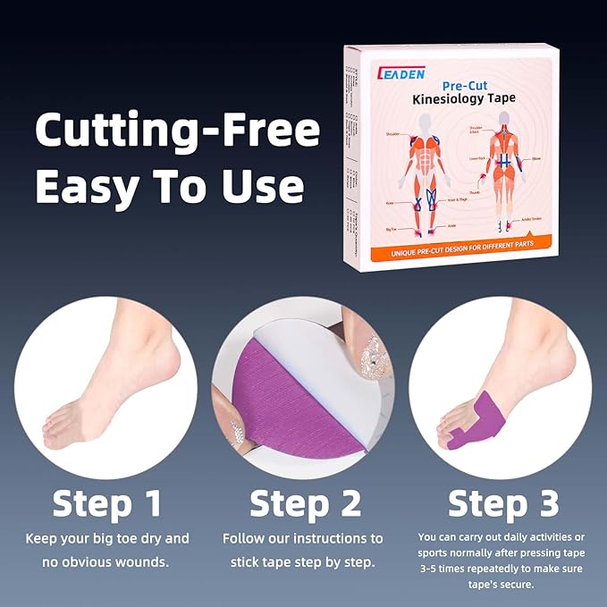 IEADEN Precut Kinesiology Tape for Bunion, 40 Pcs, Bunion Corrector & Relief, Big Toe Support and Pain Relief, Breathable Hypoallergenic Latex-Free Tape (Purple)