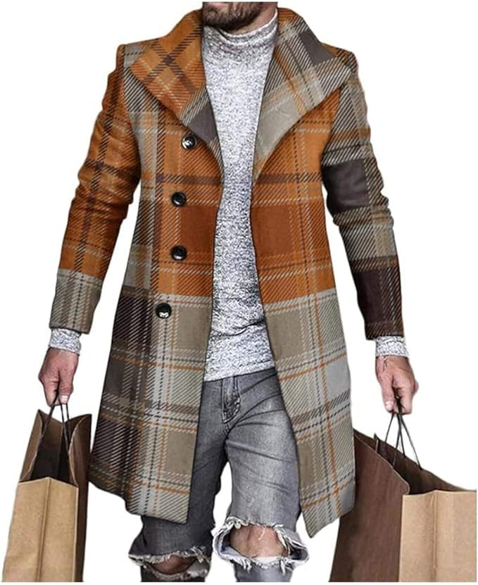 Men's Plaid Long Trench Coat Mid - Length Lapel Collar Button Down Warm Overcoat for Winter & Autumn Fashion