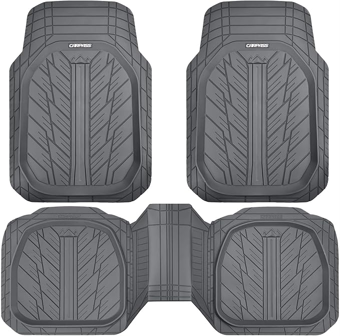 CAR PASS DeepDish Floor Mats for Cars Full Set,Heavy Duty Rubber Car Mats 3-Piece,Universal Waterproof Trim-to Fit Automotive Floor Mats for Truck Van SUV, Durable All-Weather Car Mats(Pure Gray)
