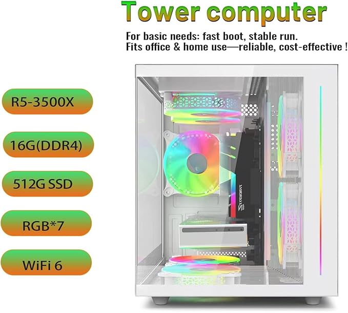 Prebuilt Gaming Desktop Computer | 16G Memory | 512G SSD | AMD Ryzen5 6Cores 3.6G Up to 4.1G | RX 560 4G Graphics Card | Wi-Fi 6 | Gamer PC White