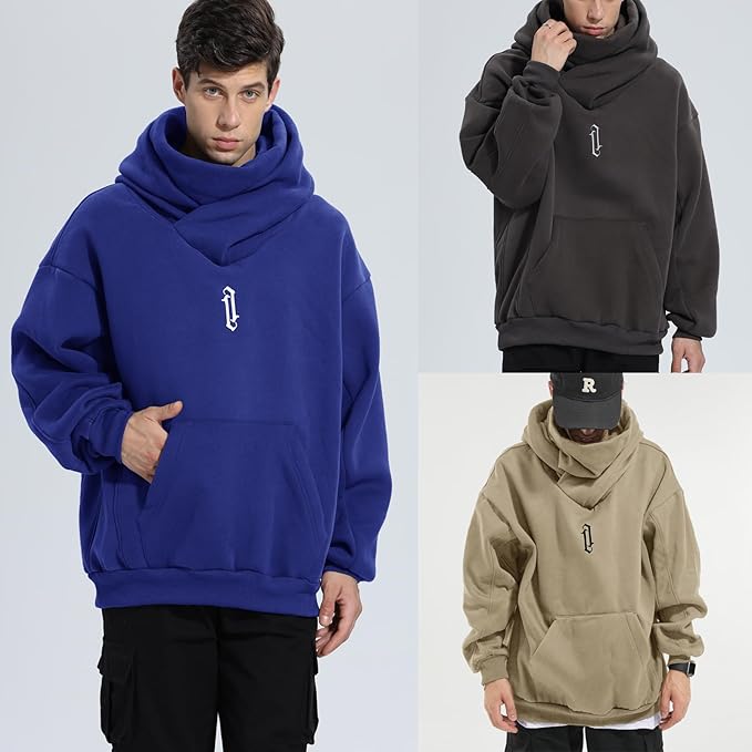 Fleece Hoodies for Men Cowl Neck Sweatshirts Hood with neck Gaiter Casual Pullover Fall Winter with Embroidery
