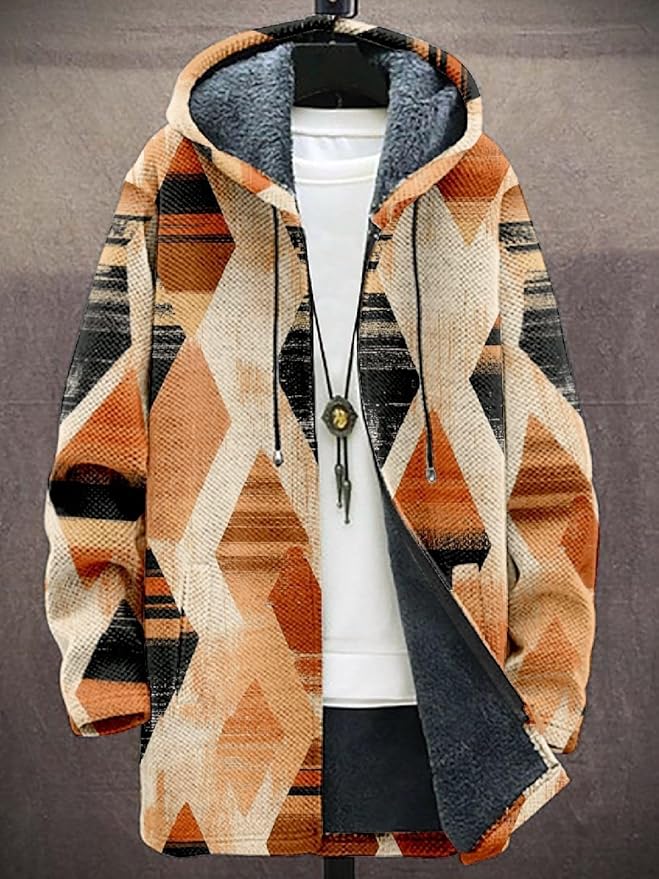 2025 Men's Ethnic Pattern Hooded Jacket Long Cardigan Hoodies Full Zip Vintage Knitted Zipper Coat with Pocket