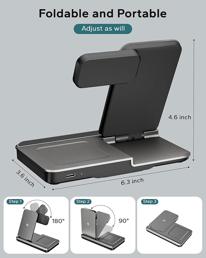 3 in 1 Charging Station for Apple Multiple Devices, Foldable Wireless Charger Stand for iPhone 17 16 15 14, Fast Travel Phone Charging Dock for Apple Watch Ultra 11 10 9 8, AirPods 4 3 Pro