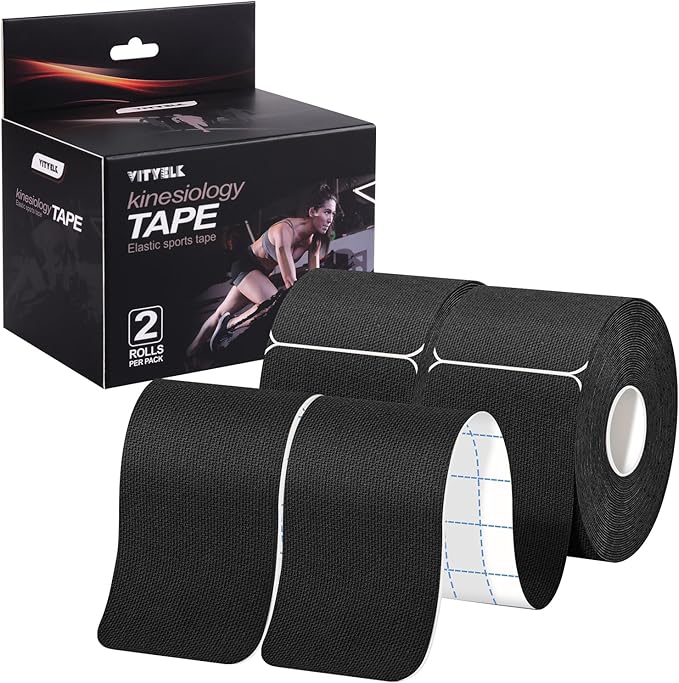 VityElk Kinesiology Tape PreCut Strips 2In x 10In 20 Count- Elastic Sports Tape for Muscle & Joint Pain Relief, Waterproof Support, Athletic Recovery, Physical Therapy (Black 2 Roll)