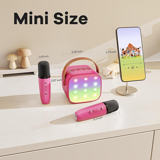 YLL Mini Karaoke Machine for Kids Toys, Portable Bluetooth Speaker with 2 Wireless Microphones, Birthday Gifts for Girls 3, 4, 5, 6, 7, 8, 9, 10, 11, 12+ Years Old Toddler Teens (Hotpink)