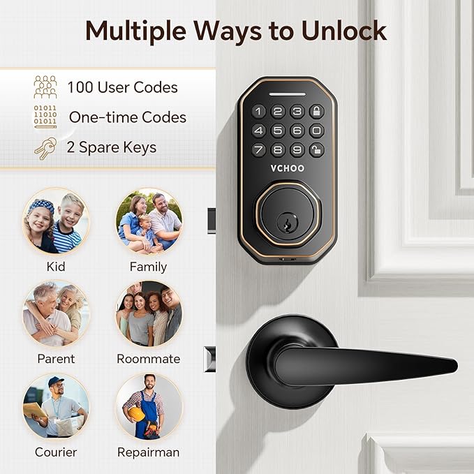 Keyless Entry Door Lock Set Smart Locks for Front Door Keypad Door Lock with Handle Auto Lock One Time Password Anti Peeping Password IP54, Bronze