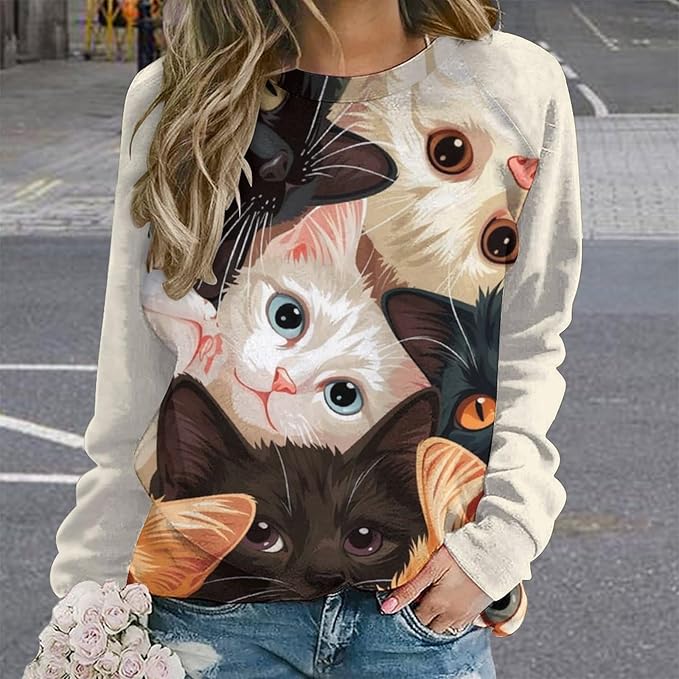 Long Sleeve Shirt Women Fall Cat Print Funny Hide Belly Vacation Plus Size Ladies Hippie Dressy Sweaters