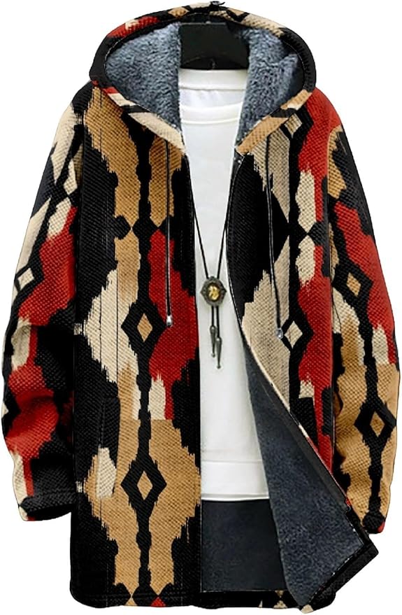 2025 Men's Ethnic Pattern Hooded Jacket Long Cardigan Hoodies Full Zip Vintage Knitted Zipper Coat with Pocket