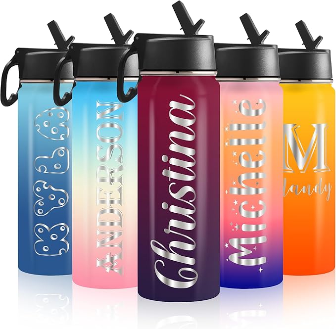 Personalized Water Bottle with Straw,Custom Insulated Stainless Steel Sports Water Bottle with Name or Text-Double Wall Vacuum Insulated Gift Cup for Kids Women Men-20 Fonts