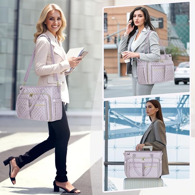 RAINSMORE Teacher Tote Bag 15.6 inch Laptop Bag for Women Work Bags Laptop Tote Nurse Bag Professional Computer Messenger with Insulated Pocket, Laptop Briefcase for Office, College, Gray Lilac