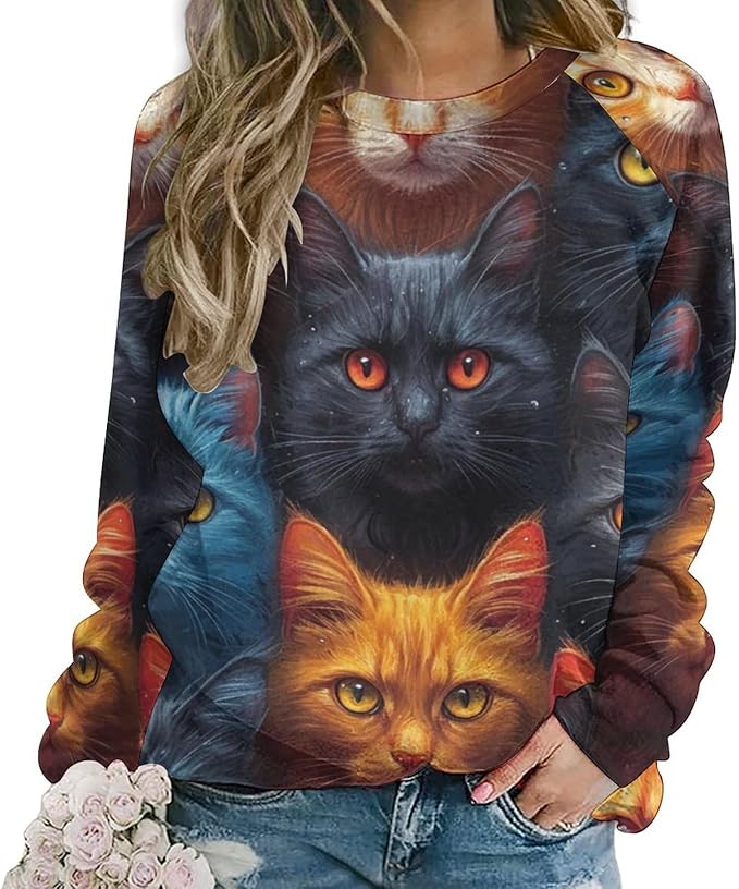 Long Sleeve Shirt Women Fall Cat Print Funny Hide Belly Vacation Plus Size Ladies Hippie Dressy Sweaters