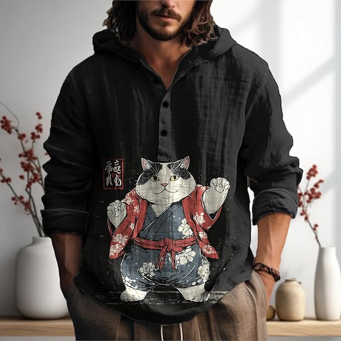 MARSVOVO Mens Japanese Art Long Sleeve Hooded Shirts Lightweight Quarter Button Hoodie Casual Cool Tops for Spring Fall