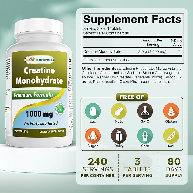 Best Naturals Creatine Monohydrate 1000 mg 240 Tablets