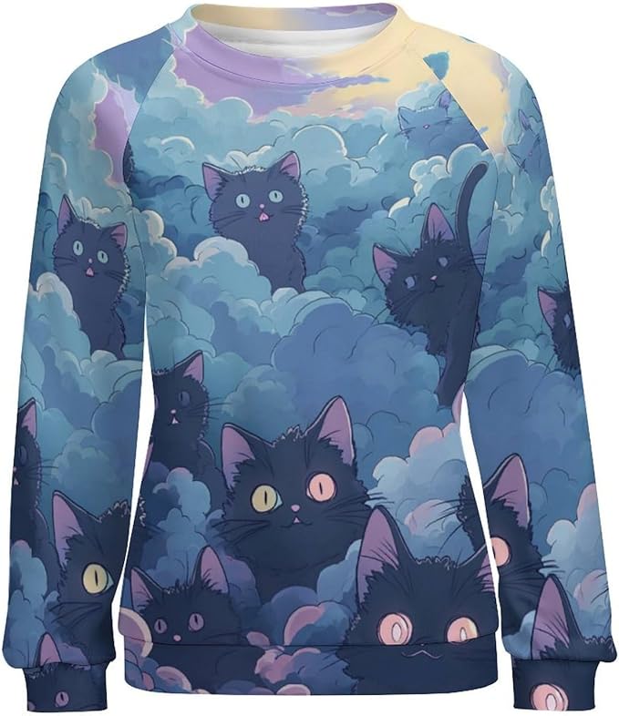 Fall Sweaters for Women 2024 Cat Print Long Sleeve Casual Crewneck Warm Fall Pullover Comfy Fashion Sweatshirts