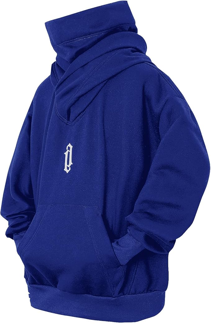 Fleece Hoodies for Men Cowl Neck Sweatshirts Hood with neck Gaiter Casual Pullover Fall Winter with Embroidery