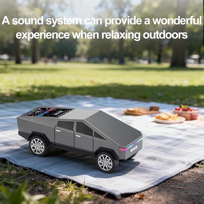 Futuristic Pickup Truck Bluetooth Speaker with LED Display Screen – TWS Stereo, FM Radio, USB/TF Playback, LED Headlights, Built-in Mic, Gift for Truck Fans, Auto Style Lovers&Tech Collectors (Gray)
