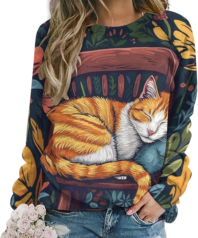 Sweatshirt for Women Cat Print Fashion Funny Plus Size Ladies Dressy Crewneck Casual Trendy Tee Shirts