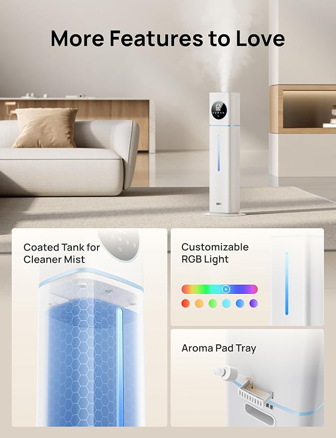 DREO HM735S 11L Smart Humidifier Large Room 700 ft², 100H Cool Mist Air Humidifiers for Bedroom, Top-Fill, Clean Tank Technology, 26dB, Auto Mode, Aroma Box, RGB, Remote & APP Control, Baby, Blue