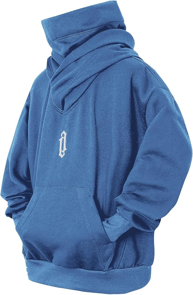 Fleece Hoodies for Men Cowl Neck Sweatshirts Hood with neck Gaiter Casual Pullover Fall Winter with Embroidery