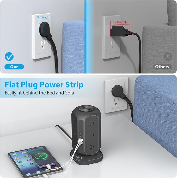Long Extension Cord 15 ft Power Strip Tower, Surge Protector 12 AC Outlets 4 USB(1 USB C) Ports, Charging Tower Overload Protection with Multiple Outlets for Home Office