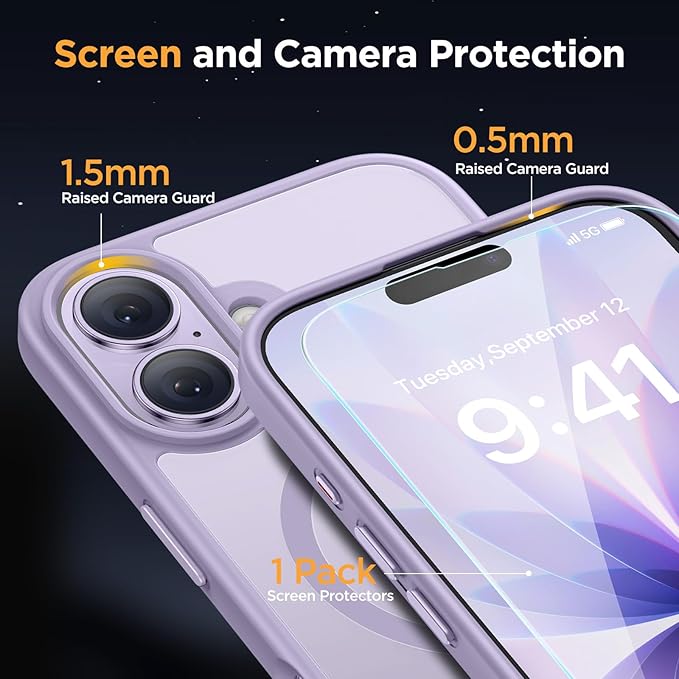 Miracase Magnetic for iPhone 17 Case (Compatible with MagSafe) with Screen Protector Military-Grade Protection, Anti-Fingerprint Translucent Matte Phone Cover for iPhone 17 6.3 inch, Light Purple