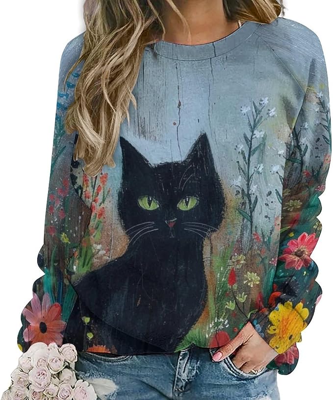 Sweatshirt for Women Cat Print Fashion Funny Plus Size Ladies Dressy Crewneck Casual Trendy Tee Shirts