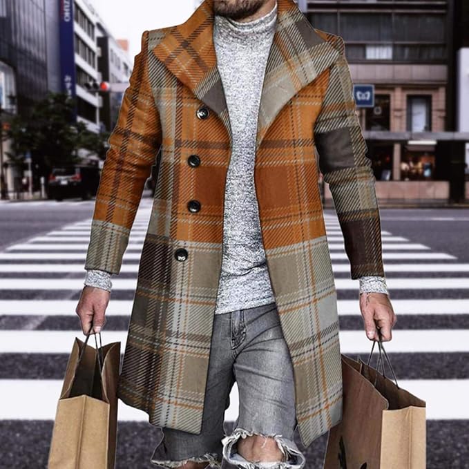 Men's Plaid Long Trench Coat Mid - Length Lapel Collar Button Down Warm Overcoat for Winter & Autumn Fashion