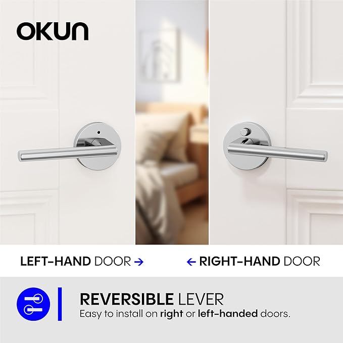 Okun Brio 6-Pack Chrome Privacy Door Levers – Push Button Lock, Reversible, Sleek Concealed-Mount Design for Bedroom & Bathroom