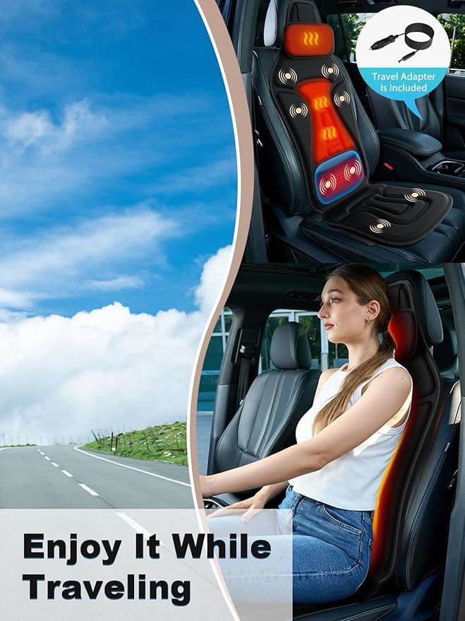 Back Massager for Chair with Heat, Massage Chair Pad with Lumbar Support & Vibration, Seat Massager for Seniors, Office Workers & Family, Fatigue & Pain Relief in Office, Home & Travel