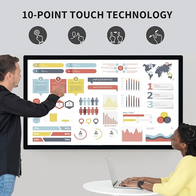 65-inch Interactive Touchscreen Monitor, Electronic Whiteboard Touch Screen with 4K Display, Smart Board for Home Office and Classroom, Bundled Android 12, RAM 4G & ROM 64G
