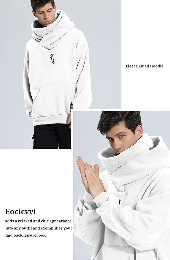 Fleece Hoodies for Men Cowl Neck Sweatshirts Hood with neck Gaiter Casual Pullover Fall Winter with Embroidery