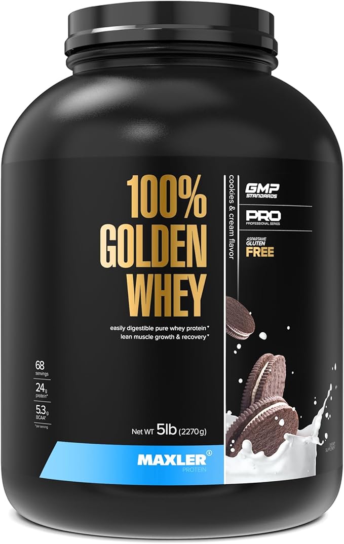 Maxler 100% Golden Whey Protein - 24g of Protein per Serving - Whey Protein Powder for Pre Post Workout - Fast-Absorbing Whey Concentrate, Isolate & Hydrolysate Blend - Cookies & Cream 5 lb