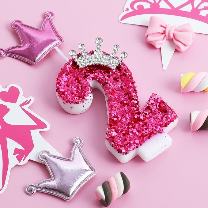 AKURIEEY Hot Pink Birthday Candles Crown Number 2 Candle Birthday Party Decorations Cake Topper Cupcake Decor for Anniversary Celebrations Supplies