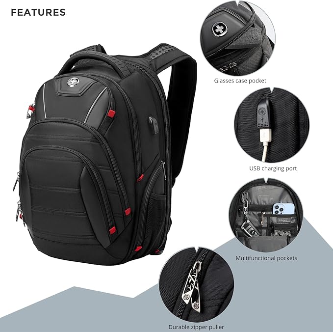 Travel Backpack For Men, Business Laptop Backpack With USB Charging Port, Fits 15.6" Computer, Black