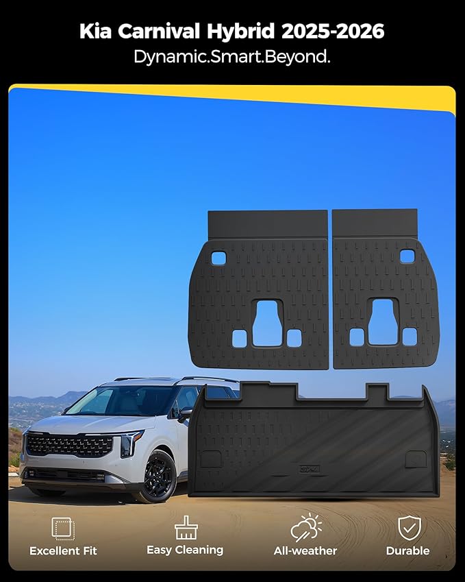 3W Trunk Mat & Backrest Mats Fit Kia Carnival Hybrid (Only for 8 Seats), All Weather TPE Custom Fit Cargo Liner with Seatback Mats for Kia Carnival Accessories, Black