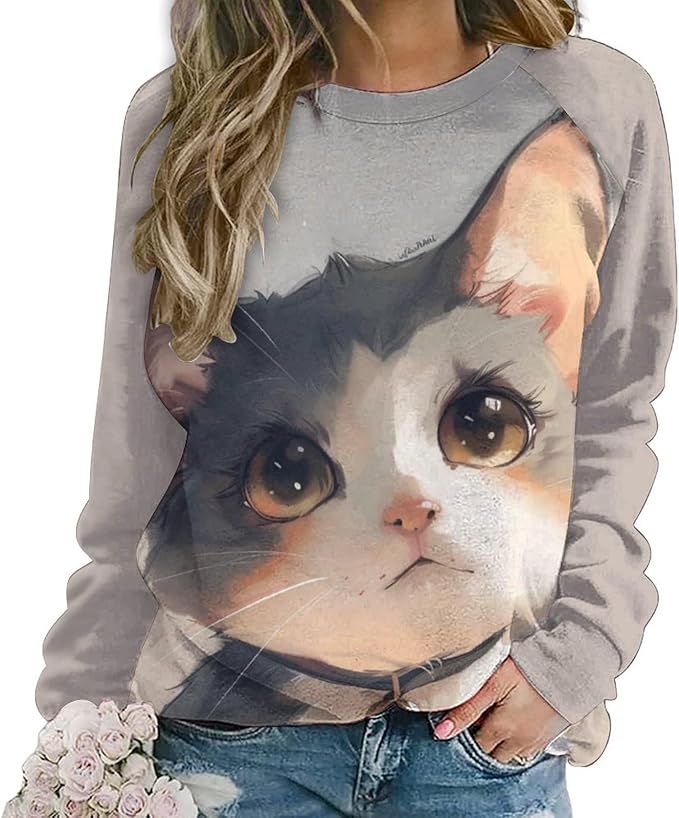 Long Sleeve Shirts for Women Cat Printed Fall Winter Dressy Holiday Casual Fashion Crewneck Tunic Tee Shirts