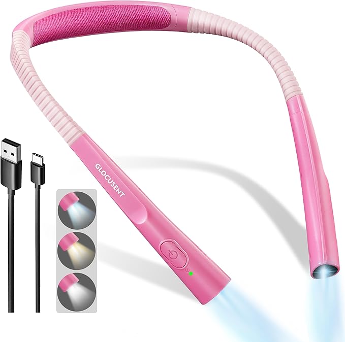Glocusent Upgraded LED Neck Reading Light, Book Light for Reading in Bed, 30-min Timer, 3 Colors & 3 Brightness Adjustable, Rechargeable & Long Lasting, Perfect for Reading, Knitting