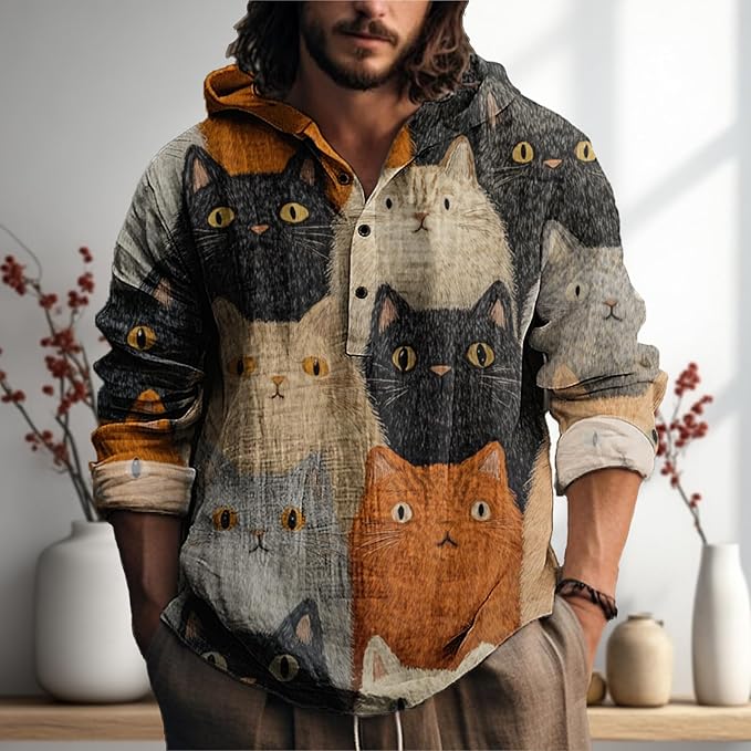 MARSVOVO Mens Japanese Art Long Sleeve Hooded Shirts Lightweight Quarter Button Hoodie Casual Cool Tops for Spring Fall